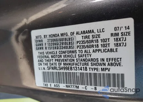 2014 Honda Odyssey Touring/Touring Elite z USA, uszkodzony, nr VIN 5FNRL5H99EB131418